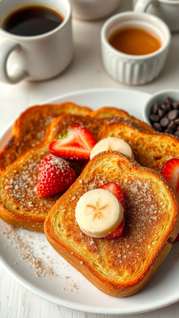 Golden-brown cinnamon sugar toast on a plate, topped with strawberries and bananas, with coffee in the background.